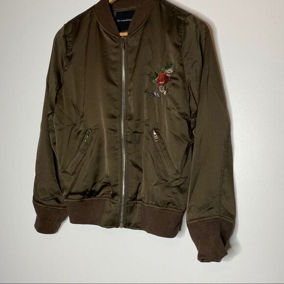 Olivaceous Brown Satin Bomber Jacket Embroidered women's size Small - Picture 3 of 8